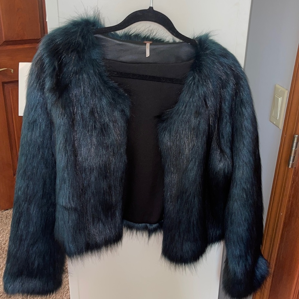 Teal free people faux fur jacket